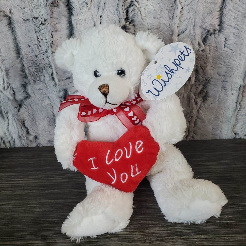 Wishpets Potsy Amor White Teddy Bear Red Heart I Love You Ribbon Bow Plush 2007
